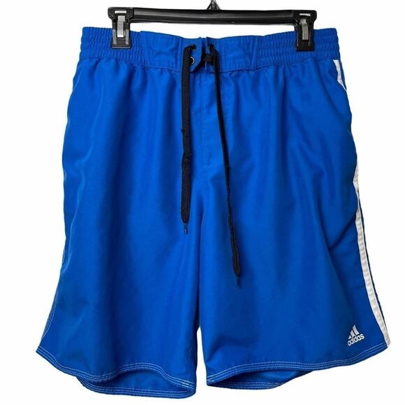 Adidas Solid Royal Blue White Track Stripes Swim Trunks w/ Pockets Drawstring L - Picture 2 of 11
